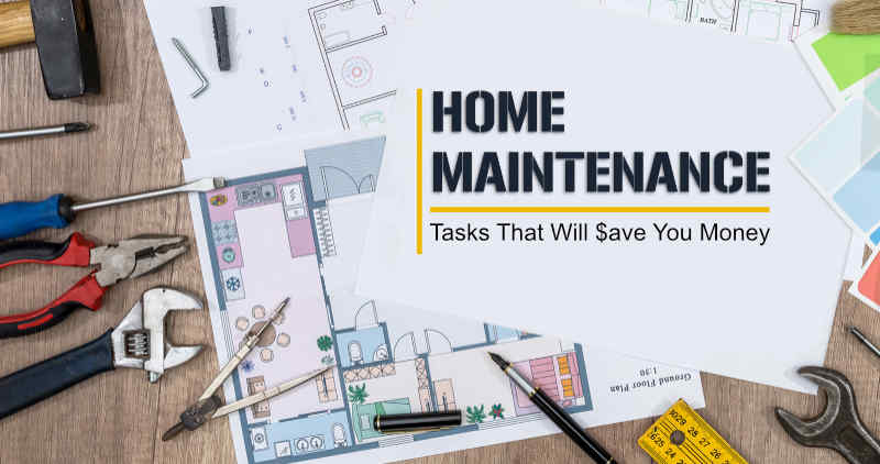 Home maintenance tools with blog title written on blueprints