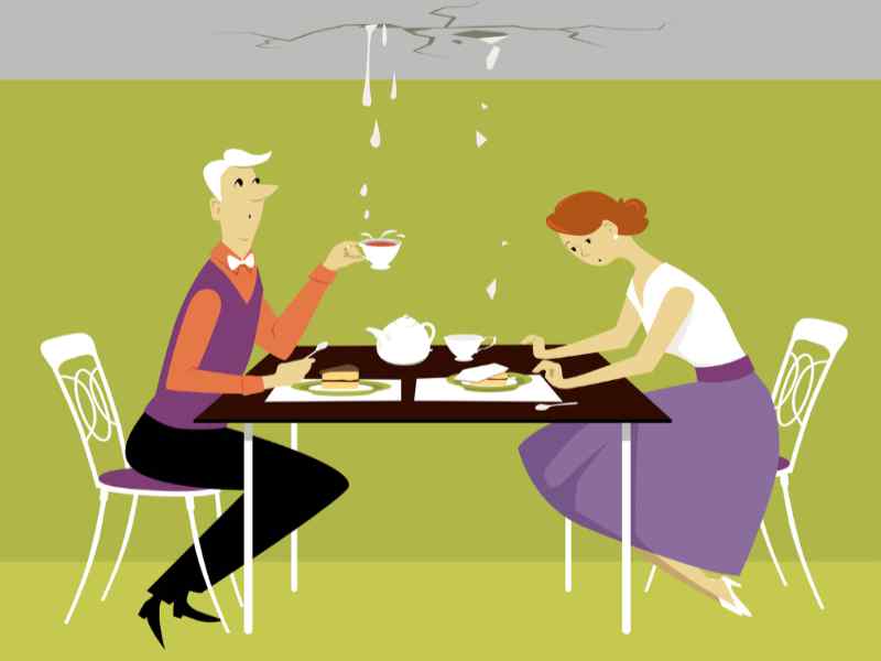Elegant cartoon couple having tea in a room with damaged roof and leaky ceiling with crumbling plaster.