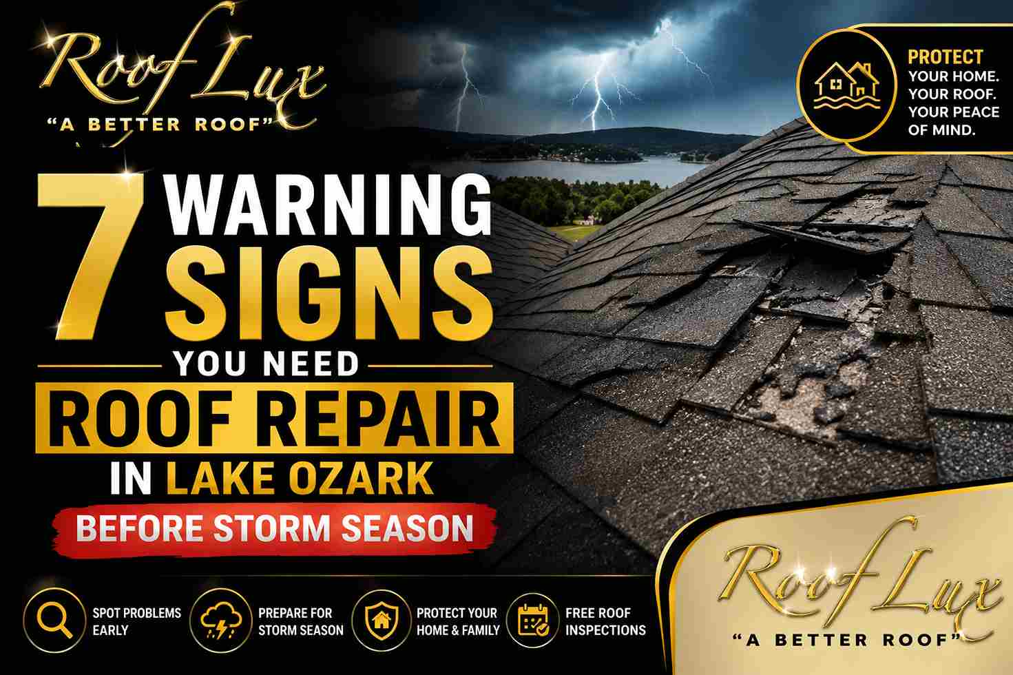 Roof repair signs for Lake Ozark, MO homeowners before storm season